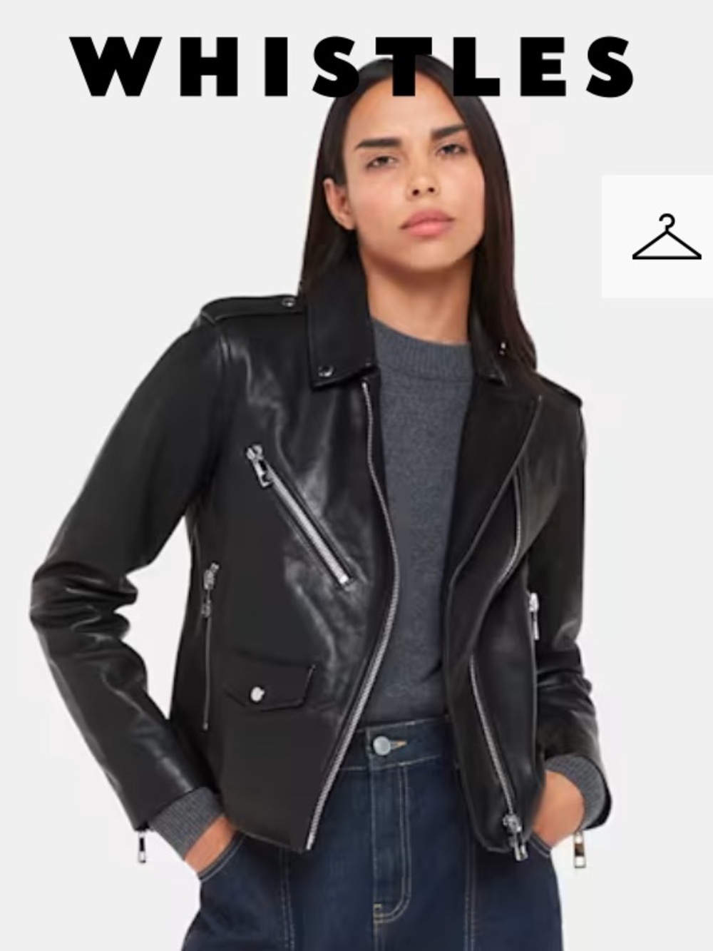 Whistles Black Leather Biker Jacket with Silver Hardware